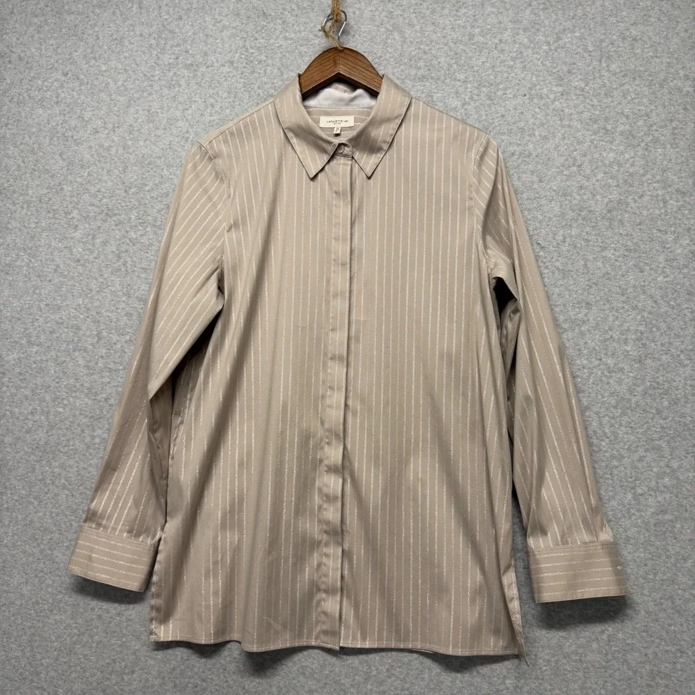 Lafayette 148 Button Down Top Womens L Taupe Pinstripe Minimalist Office Neutral - Picture 3 of 16